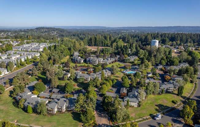 an aerial view of a neighborhood with houses and trees
