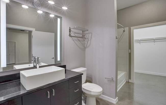 Upscale Apartment Bathroom with Black granite countertops at The Mosaic on Broadway, San Antonio, TX, 78215