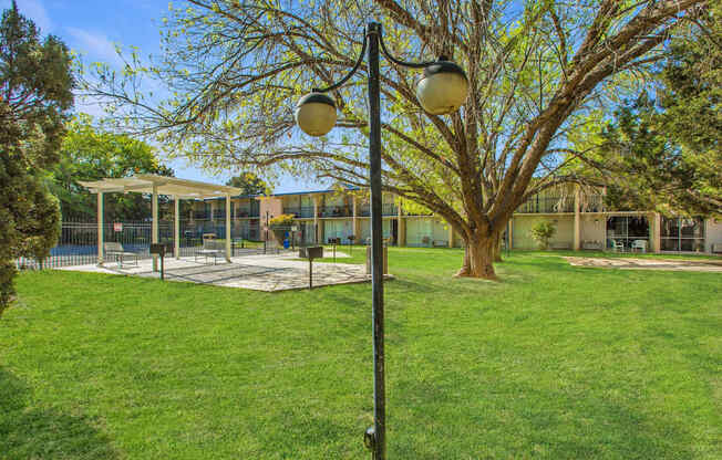 A black lamp post with two globes stands in a grassy area.
