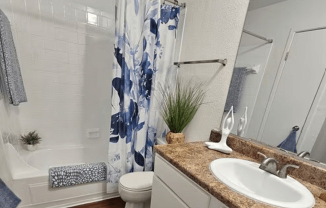 A bathroom with a white toilet, a sink, and a shower with a blue and white shower curtain.