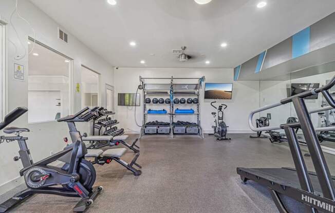 A well-equipped gym with a variety of exercise machines.