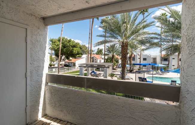 A view from a window looking out at a pool and palm trees.