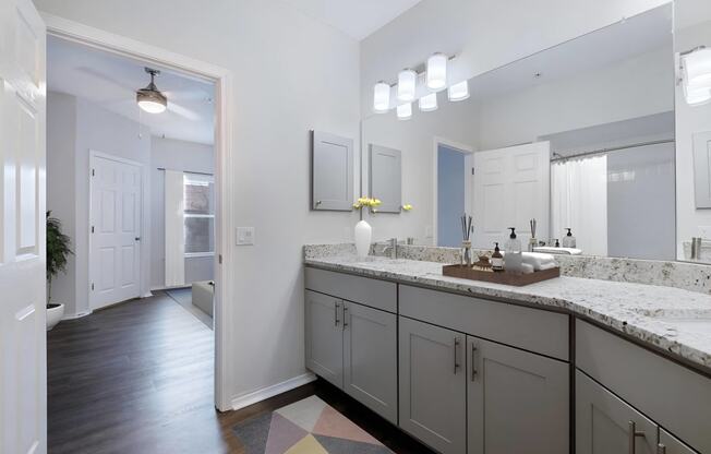 a bathroom with a large counter top and a large mirror