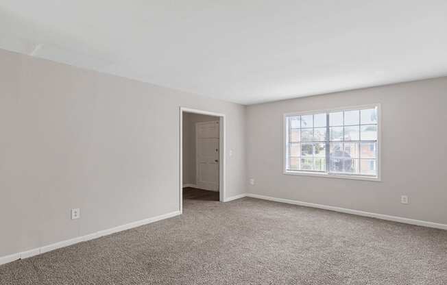 an empty living room with carpet and a window