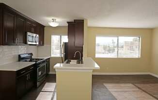 a kitchen with a sink and a window