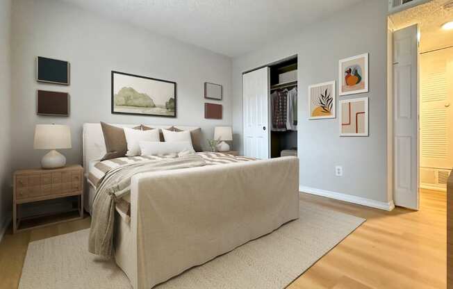 Elegant bedroom with soft neutral tones in Aurora Meadows near Montclair, CO.
