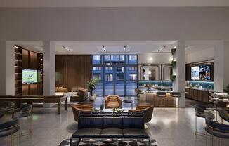 Expansive clubroom with gathering space, demonstration kitchen, and shuffleboard.