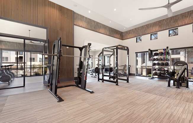 gym with amenities at ironridge at hill country village apartments