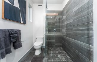 a bathroom with a toilet and a glass shower