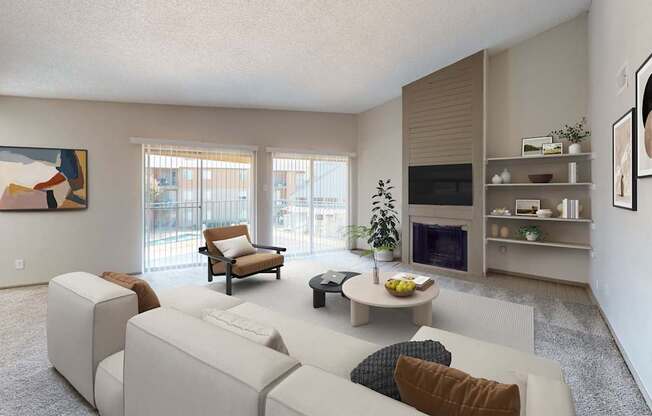 A living room with a white couch and a television.