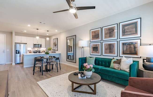 a living room with a couch and a table