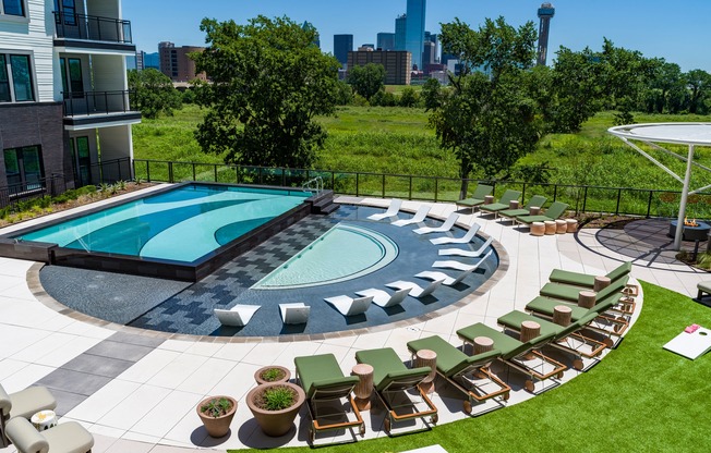 Experience the height of relaxation in our elevated resort-style pool seating at Modera Trinity. Lounge, soak up the sun, and enjoy the ultimate poolside comfort.