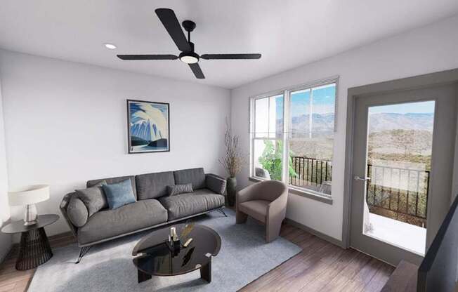 A living room with a grey sofa, a painting on the wall, and a balcony with a view of the outdoors at Refinery at Pointe17 Apartments, Phoenix, Arizona
