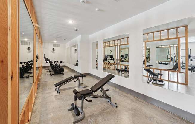 A gym with a mirrored wall and a variety of exercise equipment.