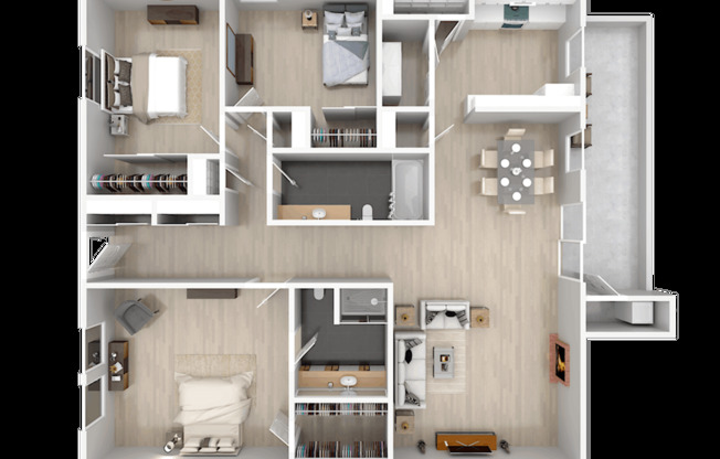 A detailed 3D floor plan of a small apartment with a kitchen, living room, and bedrooms.