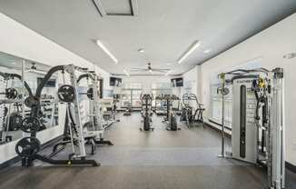 a gym with weights and cardio machines and a ceiling fan