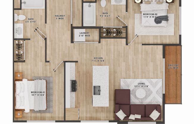 2 beds, 2 baths, 917 sqft, $2,450, Unit 216