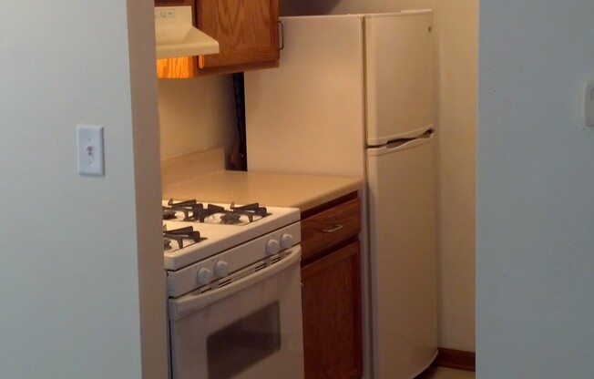 The kitchen inside a Meredith Homes one bedroom apartment restricted for people age 55+.