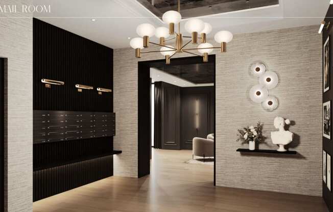 a hallway with a large mirror and a chandelier