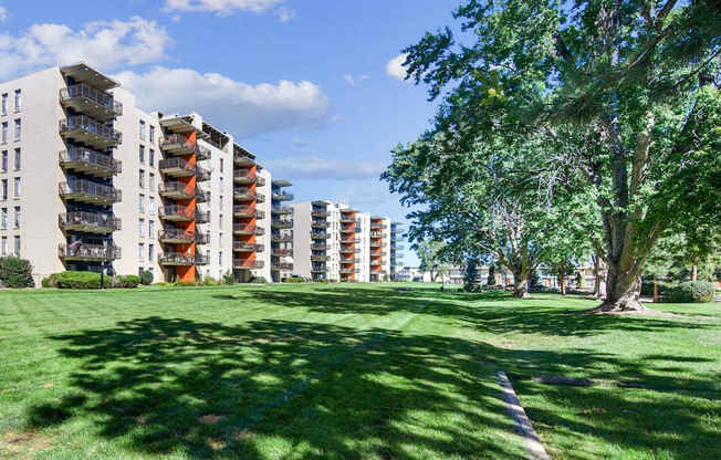 A grassy area in front of apartment buildings.