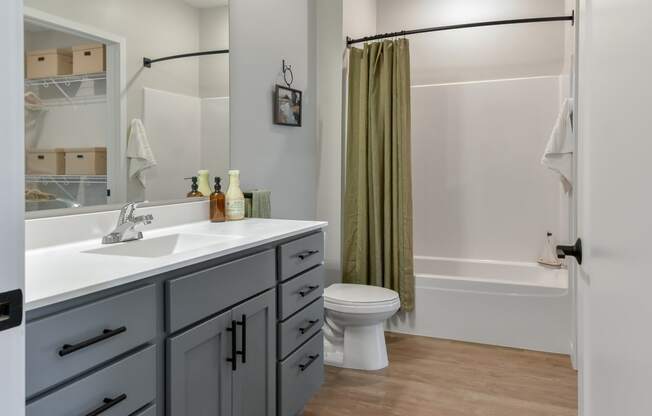 a bathroom with a sink and a toilet and a shower