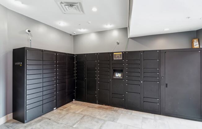 Black LuxorOne package lockers at The Tannery Glastonbury at The Tannery, Connecticut