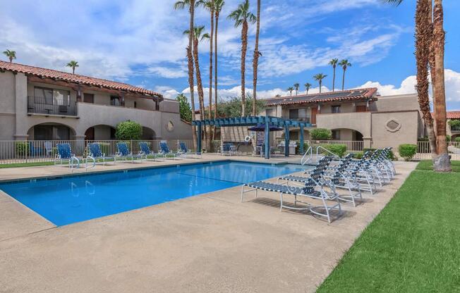 a pool next to a building