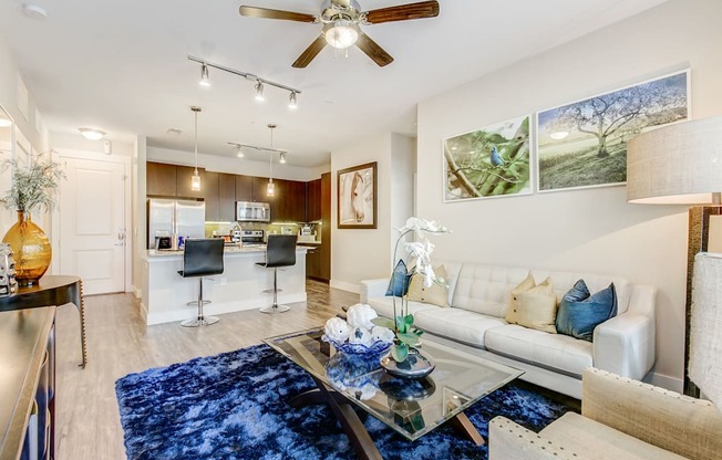 A living room with a white couch and a blue rug.