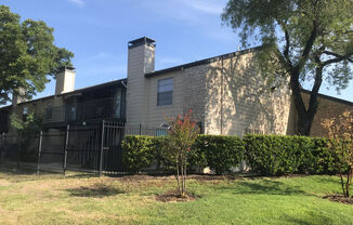 A house with a black fence and a tree in front.
