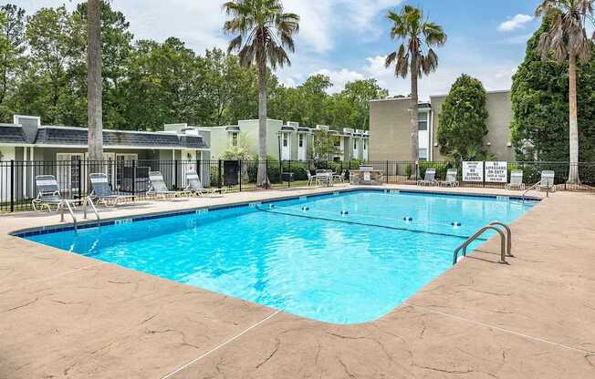 A large swimming pool surrounded by palm trees and a building in the background.