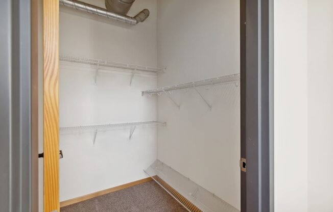 the closet in  bedroom with white walls and a wooden door