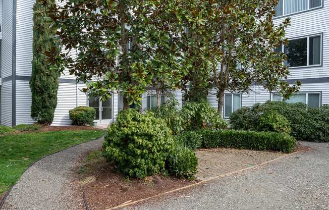 a front yard with a tree and bushes in front of a white house