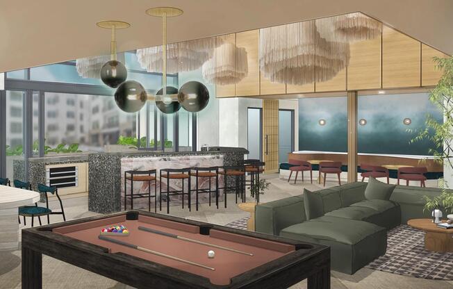 A lively clubroom lounge with billiards, bar seating, and layered design details made for gathering.