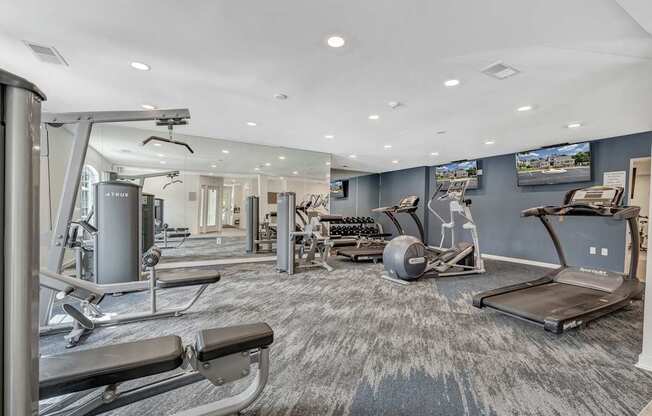 A spacious gym with a variety of equipment including treadmills, weight machines, and a rowing machine.