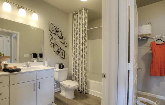 Model bathroom with wide vanity, toilet, and shower/tub next to walk-in closet at Lullwater at Blair Stone