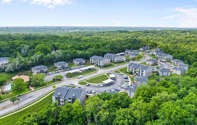 an aerial view of a neighborhood with houses and a road