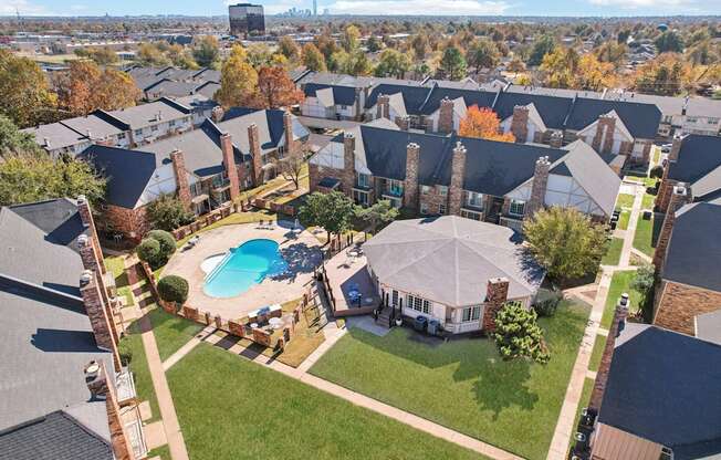 A bird's eye view of a residential area with houses and a swimming pool.