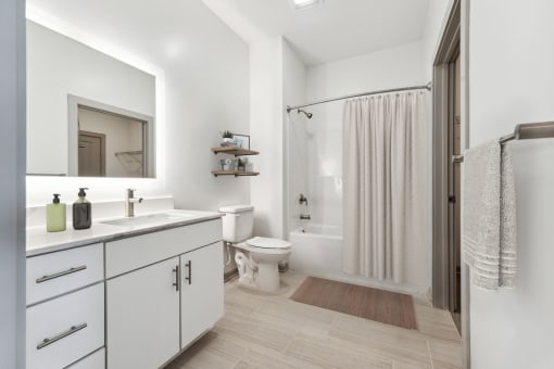 a bathroom with a toilet sink and shower at The Waterford At Rocketts Landing Apartments, PRG Real Estate, Richmond, Virginia