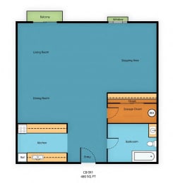 Studio, 1 bath, 480 sqft, $1,491