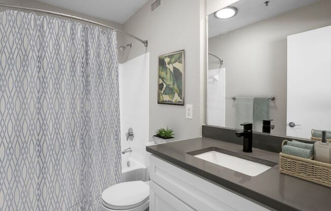 A bathroom with a toilet, sink, and shower curtain.
