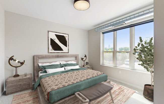 A bedroom with a large bed and a window overlooking a parking lot.