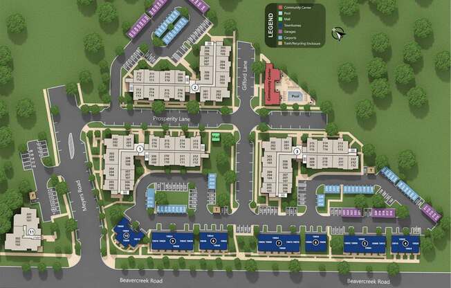 A map of a residential area with streets and buildings.