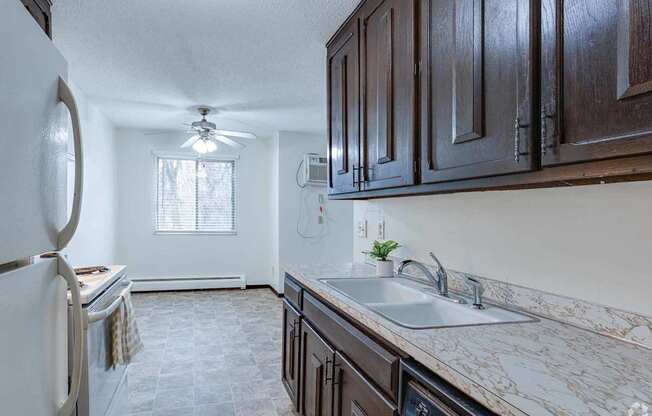 A kitchen with a marble countertop and dark wood cabinets.