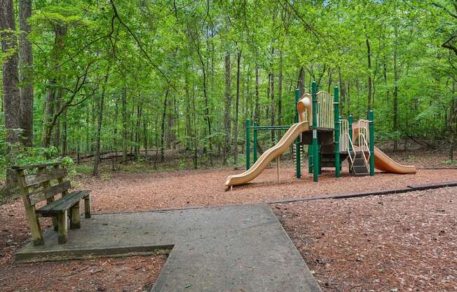 A playground with a slide and a bench in a wooded area.