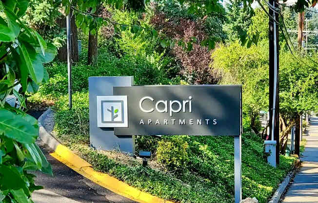 A sign for Capri Apartments is shown in front of a green landscape.