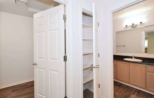 a bathroom with a closet and a sink and a mirror