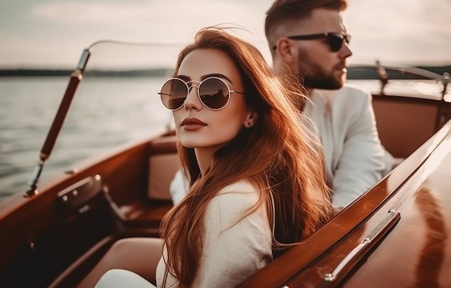 a man and a woman wearing sunglasses on a boat at District at Riverside Apartments, Chattanooga