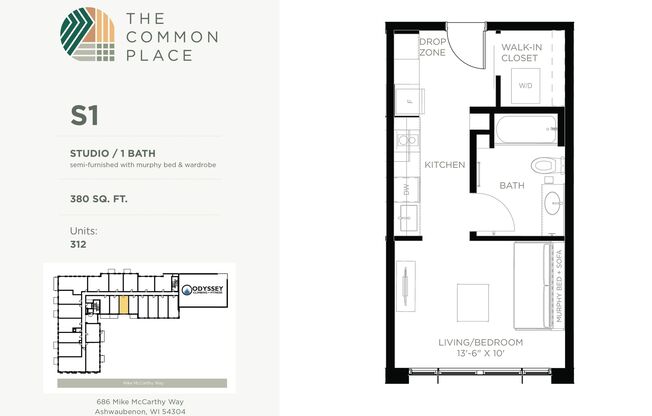 Studio, 1 bath, 380 sqft, $1,295, Unit 214