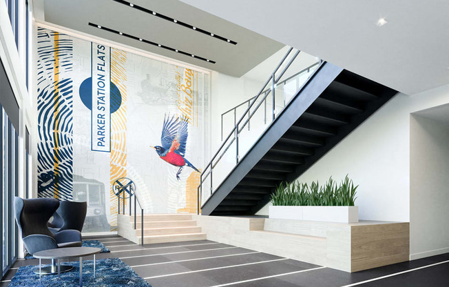 lobby with chairs, potted plants, and stairs against a mural of a bird and a sign that reads "Parker Station Flats"