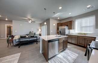 Pelican kitchen island with living room view